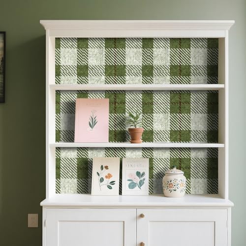 Livelynine 17.5x276" Green Plaid Peel and Stick Wallpaper Vintage Gingham Linen - Image 4