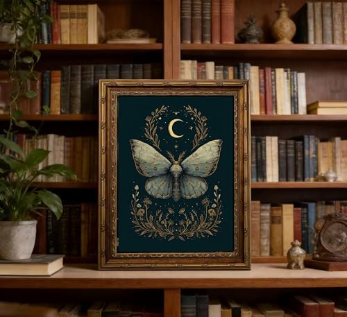 Vintage Gold Framed Celestial Moth Crescent Moon Wall Art Gothic Moody Ethereal - Image 7