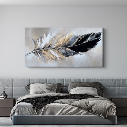YISXINOAG Black Gold Abstract Wall Art Minimalist Feather Canvas 24"X48" - Image 2