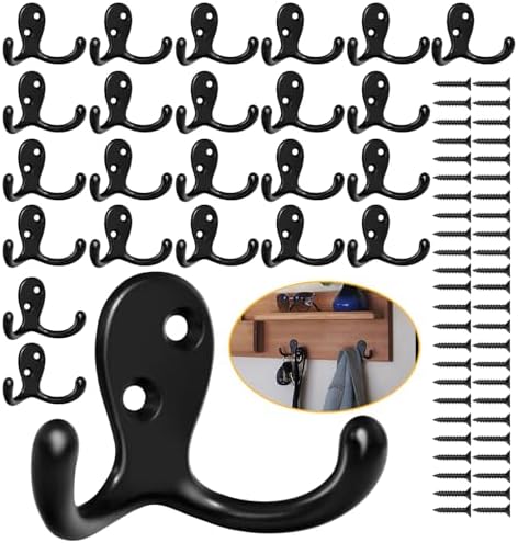 Homanu 24 Pack Coat Hooks, Heavy Duty Double Prong Coat Hooks Wall Mounted by Homanu
