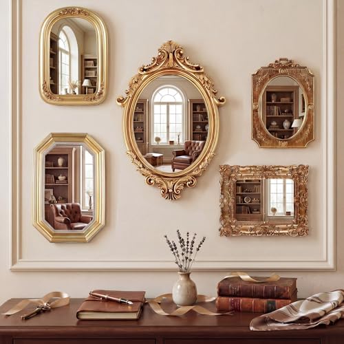Wonderjune 5 Pcs Vintage Gold Mirror Set by Wonderjune