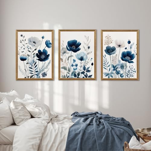 DUWQU Triptych Navy Blue Watercolor Botanical Floral Wall Art 16x24 in x3 - Image 4