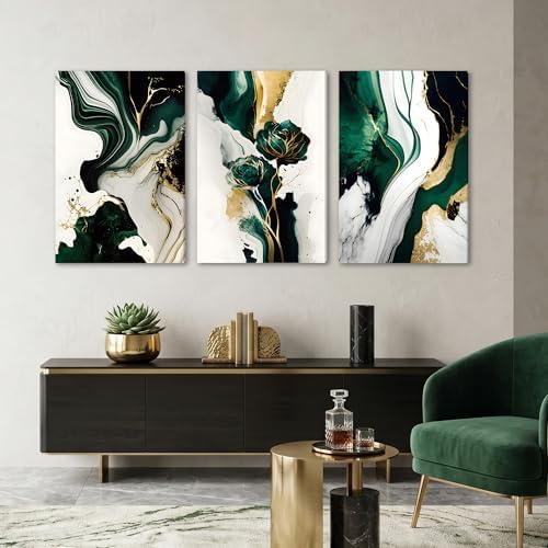 EJPFOGV Triptych Green and Gold Floral Wrapped Canvas Wall Art 20x30 in x3 - Image 2