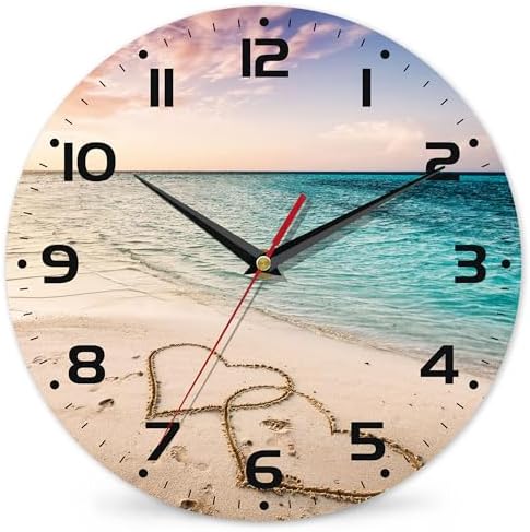 Two Hearts on a Sandy Beach Wall Clocks Vintage Wooden Battery Operated Sunset by DEMACYA