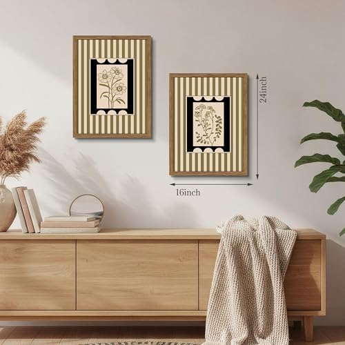 Framed Vintage Botanical Wall Art Set of 2, Olive Green Striped Floral Line - Image 4