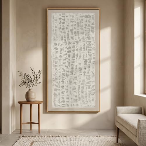 Large Framed Neutral Beige Minimalist Abstract Wall Art, Vertical 30x60 In by Cuspin