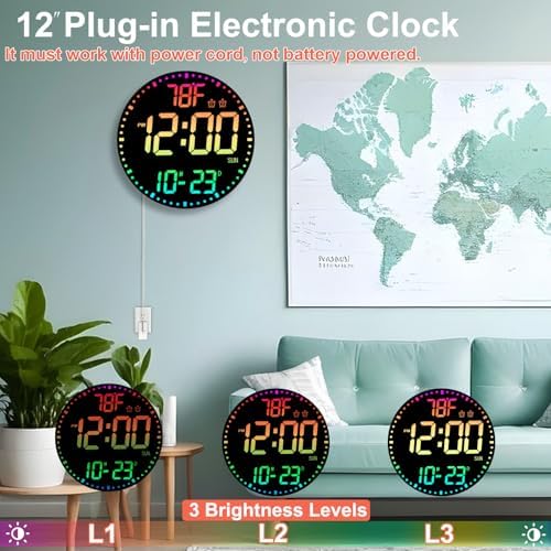QINFIEY Large 12" RGB Color Changing Digital Wall Clock - Image 5