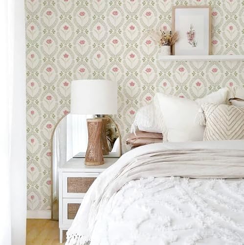 Orainege Peel and Stick Wallpaper Green Pink Floral Wallpaper - Image 2