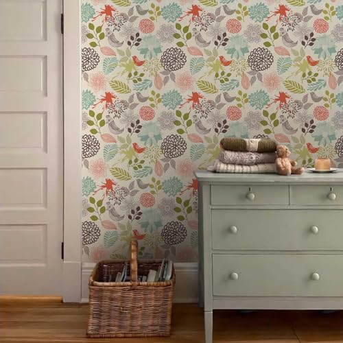 MuralPeel Vintage Blue Green Red Flower Plant Bird Peel and Stick Wallpaper - Image 3