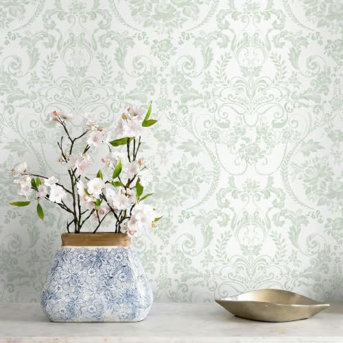Peel and Stick Wallpaper for Bedroom Sage Green Damask Self-Adhesive by Fiula