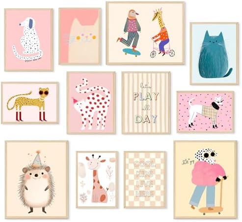 Aroutde 12Pcs Pink Kids Canvas Wall Art, Cartoon Animals Playroom Wall Decor by Unknown