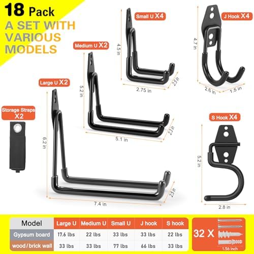 18 Pack Heavy Duty Garage Hooks, Utility Wall Mounted Storage System, - Image 3