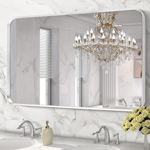 Silver Bathroom Mirror 30x48in, Metal Framed Rounded Rectangle by Minuover