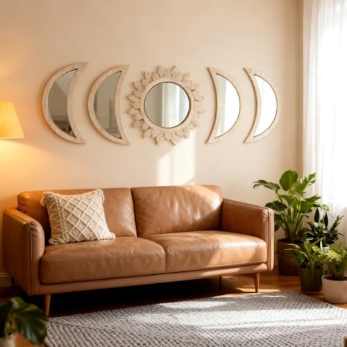 5 Pieces Moon Phase Mirror Wall-Mounted Wall Decor Mirrors Natural Wooden - Image 2