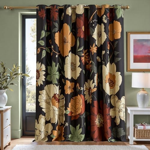 jinchan Black Boho Floral Blackout Curtains W100xL96 Grommet 1 Panel by JINCHAN