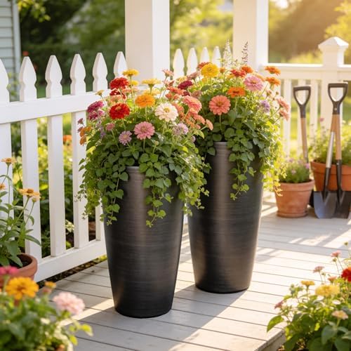 Autodaya 22.8" Tall Outdoor Planters Set of 2, Faux Brushed Steel Finish - Image 4