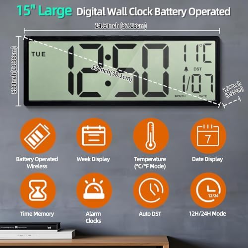 Digital Wall Clock Battery Operated, Large Number - Image 2