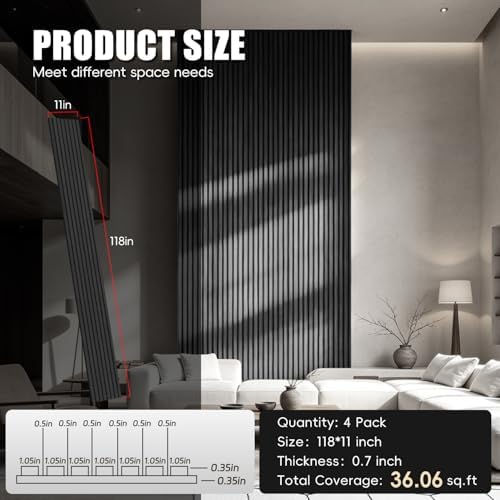 RITOLLO Wood Panels for Wall, 4 Pack Wood Slat Acoustic Panels, 118 x 11 in 3D - Image 2