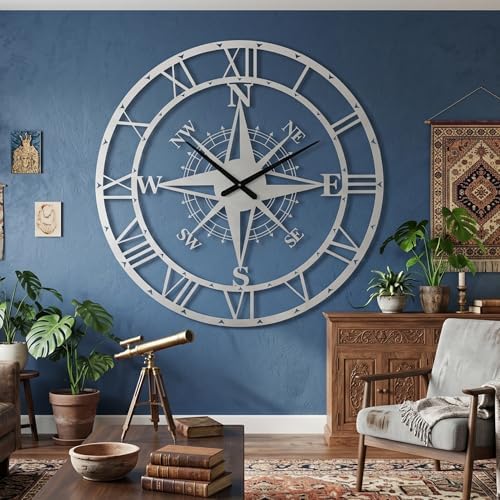 ECHORA Large Metal Compass Rose Wall Clock, Roman Numeral, Nautical Farmhouse - Image 2