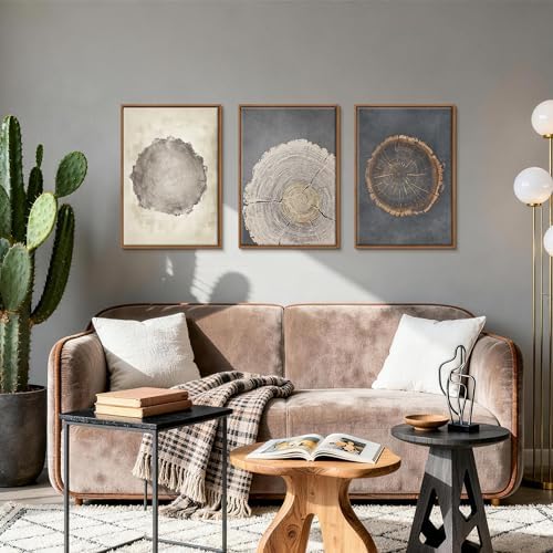 3Pcs Neutral Tree Ring Framed Canvas Wall Art Beige Gray Paintings 12"x16" - Image 2