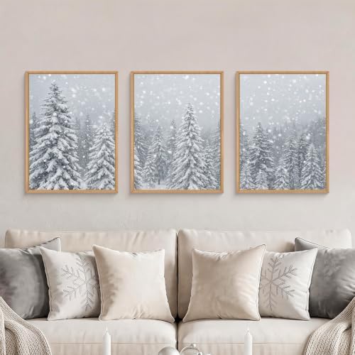 Snowy Christmas Tree Natural Woodland Framed Canvas Wall Art Set- 12"x16"x3 by Aryroi