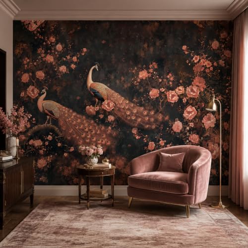 Zeeko Dark Chinoiserie Peacock Wall Murals Peel and Stick 148" W x 98" H - Image 3
