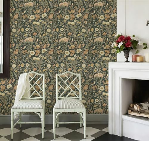 Jeweluck Dark Green Floral Peel and Stick Wallpaper Vintage 16.9" x 196.8" - Image 4