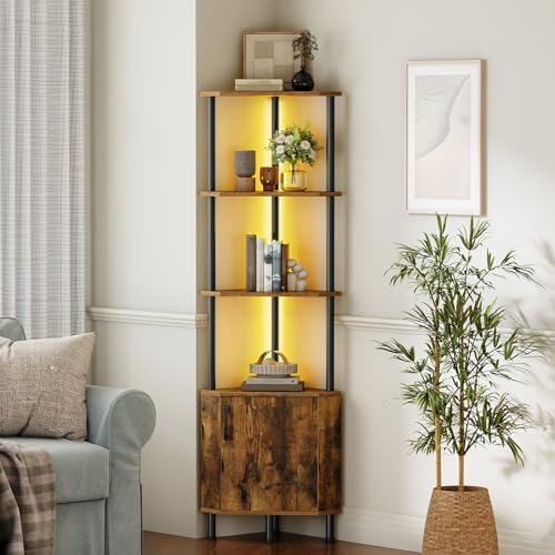 HOOBRO Corner Cabinet with LED Light, Corner Shelf Stand with Storage and Doors - Image 3