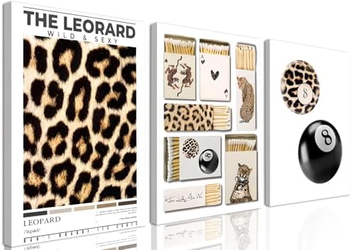 Framed Trendy Leopard Canvas Wall Art Set of 3, Preppy Cheetah Lucky 8 Ball by Hwetui