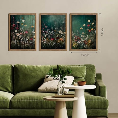 Vintage Wildflower Wall Art Set of 3, Moody Dark Green Flower Botanical Wall - Image 4
