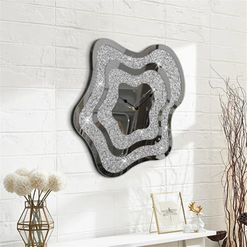 Silver Irregular Mirror Glass Wall Clock Crush Diamond Mirrored Wall Clock - Image 2