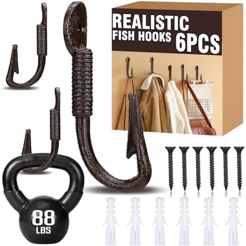 Duraaamo 6 Pcs Realistic Fish Hooks Cast Iron Wall Hook Rustic Wall Hanger by Duraaamo