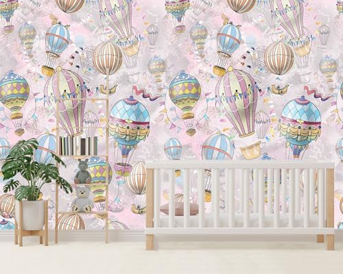-Cartoon Pink hot air Balloon Nursery Backdrop Large Fabric Wallpaper Kids - Image 3