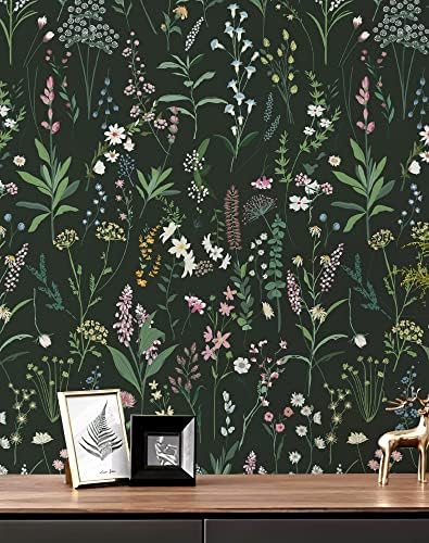 JiffDiff Dark Green Botanical Floral Peel and Stick Wallpaper, 17.3" x 472" by wallpaper