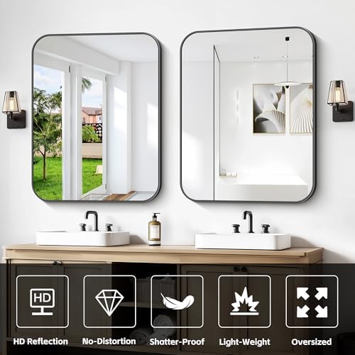Bathroom Mirror, 30 x 24 inch Metal Framed Black Rectangle Mirror, Rounded - Image 6