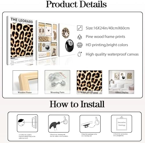 Framed Trendy Leopard Canvas Wall Art Set of 3, Preppy Cheetah Lucky 8 Ball - Image 5