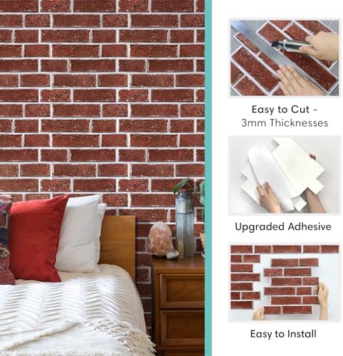 Commomy Faux Brick Panels Peel and Stick Wall Stickers 10 Pcs 11.8" x 11.8" - Image 6