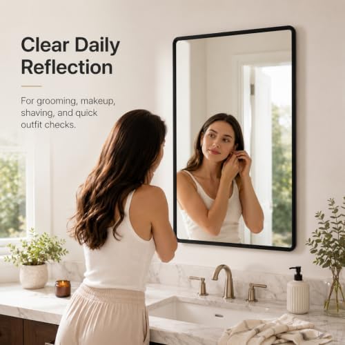 pertetey Black Bathroom Mirror, Aluminum Frame Wall Mirror, 36 x 30 in - Image 4
