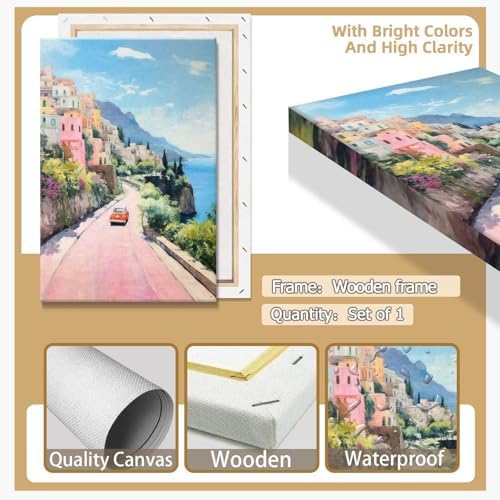 Bittiler Retro Italy Coastal Posters Pink Seaside Town Canvas Wall Art Sunset - Image 2