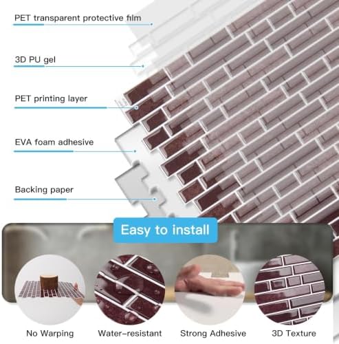 Art3d Linear Tile Peel and Stick Backsplash, Dark Burgundy - Image 5