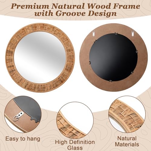 Vercraft 24 Inch Round Rattan Wicker Mirror, Rustic Boho & Farmhouse Style - Image 3