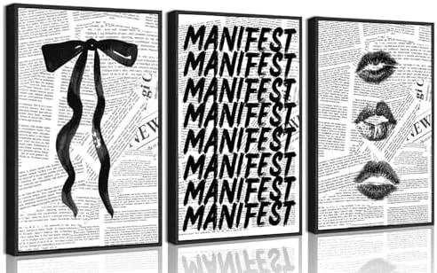 3Pcs Trendy Black and White Preppy Wall Art Retro Kiss Lips Bow and Manifest by Zuowclli