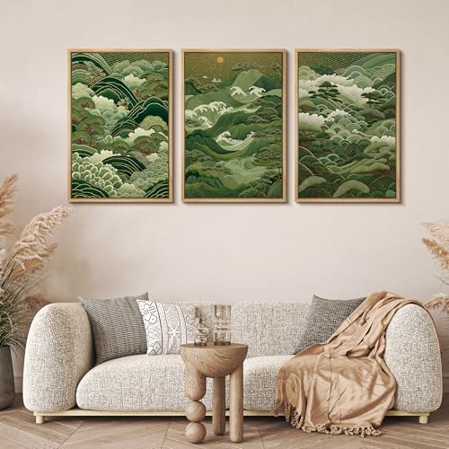 MUDECOR Framed Canvas Print Wall Art Japanese Forest Landscape Green Waves and - Image 2