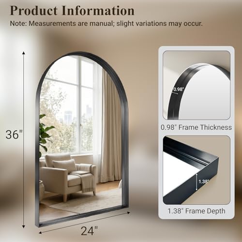 36"x24" Black Arched Mirror, Arched Wall Mirror - Image 3