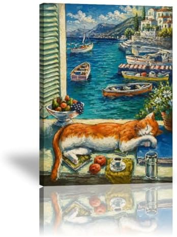 Coastal Cat Poster Mediterranean Seaside View Canvas Wall Art by Unknown