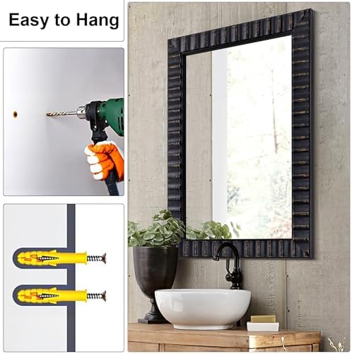 Modern Wooden Black Bedroom Mirror, Rectangular Relief Frame, Tempered Glass - Image 7