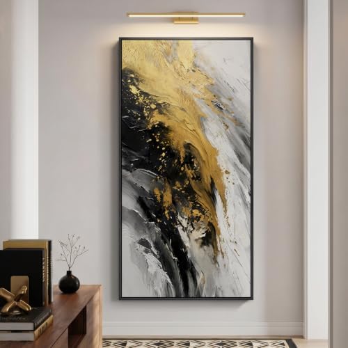 Large Framed Black White and Gold Abstract Wall Art, Vertical 30x60 In by Cuspin