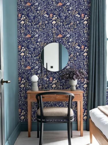 Froluya Dark Blue Floral Peel and Stick Wallpaper Vintage Floral Wallpaper - Image 2
