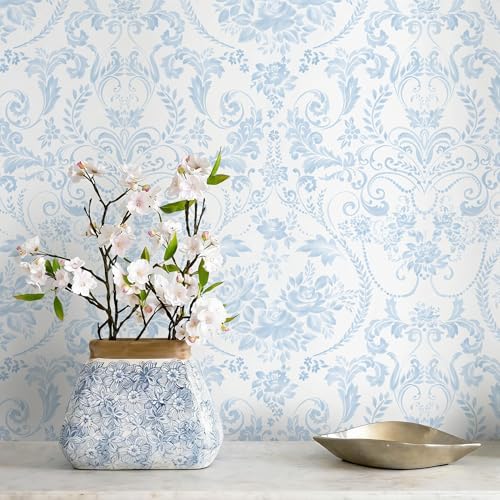Peel and Stick Wallpaper for Bedroom Blue and White Damask Waterproof by Fiula
