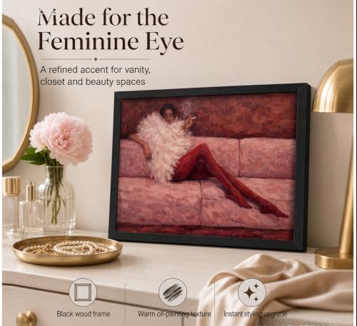 Framed Abstract Fashion Woman Canvas Wall Art, Cool Girl In Sofa Pink Ruby - Image 3